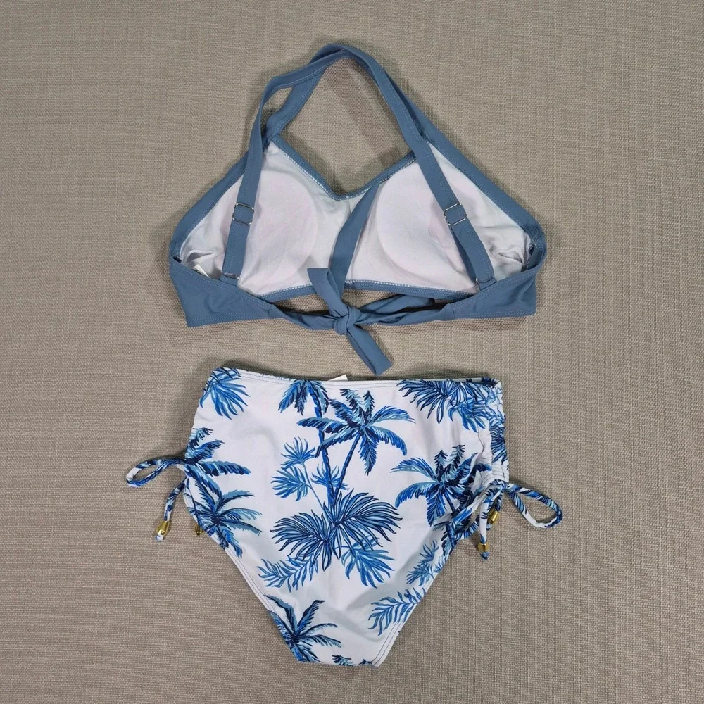 Teen Girls V-Neck Bikini Set Palm Tree Two Piece Swimsuit Blue White 9-10Y